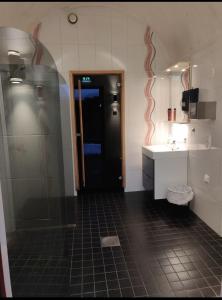 une salle de bain avec douche et lavabo dans l'établissement Juhlamenot Oy, à Söderkulla