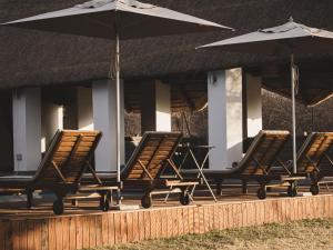 Eine Reihe Stühle und Sonnenschirme auf einer Veranda in der Unterkunft Tshikwalo Guest House in Klipdrift