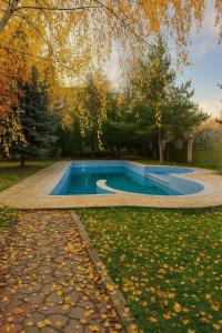 ein Swimmingpool in einem Garten mit Laub auf dem Boden in der Unterkunft închiriere vilă pentru evenimente, petreceri, team building, sejururi, buftea in Buftea