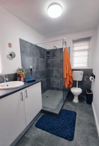a bathroom with a shower and a toilet and a sink at Agulhas Stay in Agulhas
