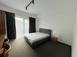 a bedroom with a bed and a large window at Casa Piattino in Kvasy