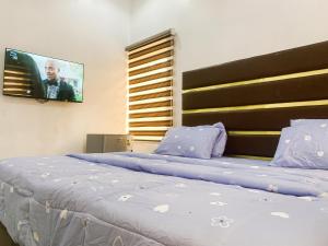 ein Schlafzimmer mit zwei Betten und einem Fernseher an der Wand in der Unterkunft Oystershell Apartments in Gbogije