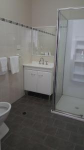 a bathroom with a toilet and a sink and a shower at Gardners Inn Hotel in Blackheath