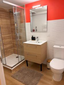 a bathroom with a shower and a sink and a toilet at L'atelier du Charme Dole Centre in Dole