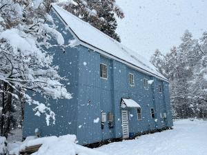 Un edificio azul con nieve encima. en Dear Hostel Hakuba, en Hakuba