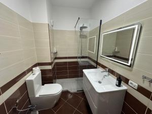 TiraneSteisi Luxe Apartment Tirane的浴室里有白色马桶和洗手池 更多7张照片