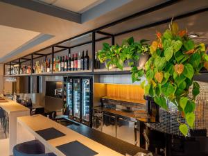 une cuisine de restaurant avec une grande plante en pot sur le comptoir dans l'établissement Ibis Florianopolis, à Florianópolis