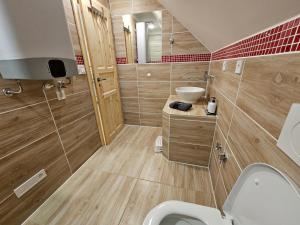 une salle de bains avec toilettes et lavabo dans l'établissement Apartmány pod Mariánskými schody, à Albrechtice v Jizerských horách 154 autres photos