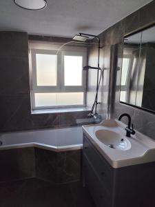 La salle de bains est pourvue d'un lavabo, d'une fenêtre et d'un miroir. dans l'établissement FeWo Relaxfit, à Bad Buchau 13 autres photos