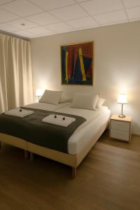 Un dormitorio con una cama grande con un cuadro en la pared. en T10 Self check-in Hotel, en Hafnarfjördur