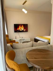 a living room with a couch and a fireplace at Artesano one bedroom cozy and comfortable in Syokimau