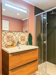 a bathroom with a sink and a shower at Le Mexico Duplex Agréable in Lespignan