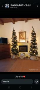2 Weihnachtsbäume in einem Wohnzimmer mit Kamin in der Unterkunft Radici - La finestra sui Sassi in Matera