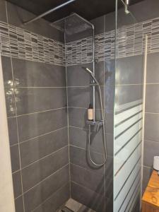 eine Dusche im Bad mit grauen Fliesen in der Unterkunft Villa malaurelia in Saint-François + 18 Fotos