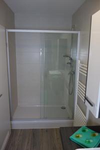 une douche avec une porte en verre dans une salle de bain dans l'établissement Race & Rest Apartments, à Baar 19 autres photos