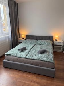 Una cama con dos almohadas encima en un dormitorio. en Pohodlný apartmán Prievidza, en Prievidza