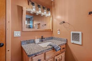un baño con lavabo y espejo en Camp Dancing Bears - Wifi, Riverfront, Pet Friendly, Fire Pit, Grill, Deck, Fishing, Games, Fireplace, King Bed, en Morton Grove 40 fotos más