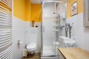 une salle de bain avec douche et toilettes dans l'établissement City Spa Haus Lörrach, à Lörrach 17 autres photos