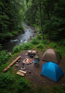 un terrain de camping avec un feu et une tente et un feu dans l'établissement Trail4WD Adventure Camp Malshej Hills, à Malshej Ghat