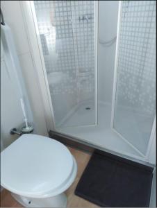 a bathroom with a white toilet and a shower at #437 Status Relax Like a Boss in Biograd na Moru
