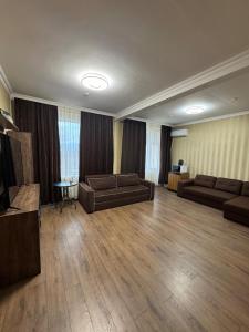 a living room with two couches and a television at Унікальні двокімнатні апартаменти класу ЛЮКС in Solochin