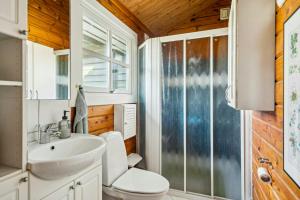 een badkamer met toilet en wastafel bij Timber House On Dune Plot Near Hulsig in Hulsig