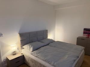a bedroom with a large bed with a nightstand and a bed sidx sidx sidx at Lumio in Košice +6 photos