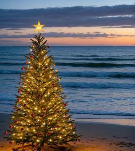 un sapin de Noël sur une plage avec l'océan dans l'établissement Квартира Аркадия ЖК жемчужина Кадора 10 мин от моря, à Odessa