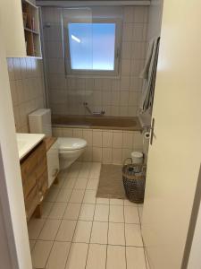 une salle de bain avec une baignoire, des toilettes et un lavabo dans l'établissement Centrally located and comfortable apartment - Daubenhorn 32, à Arni Alp