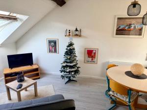 a living room with a christmas tree in the corner at Charmant studio à Saulcy-sur-Meurthe, Vosges in Saulcy-sur-Meurthe +6 photos