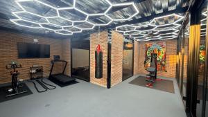 Zimmer mit einem Fitnessraum mit einem Laufband und einem TV in der Unterkunft Luxurious 3-Bedroom Retreat in Ajijic - San Antonio- Walk to Everything in San Antonio