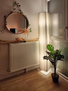 a room with a mirror and a radiator and a plant at Face au Métro 14, Chambre avec balcon et vue sur jardin, 5 min Orly, 7 min Paris in Chevilly-Larue