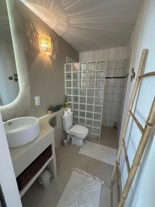 a bathroom with a sink and a toilet at La Casita in Maisoncelles-du-Maine