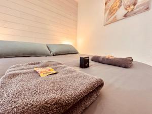 a bedroom with a bed with a blanket and a speaker at Appartement neuf 4 prsn Au cœur du Centre Ville in Besançon