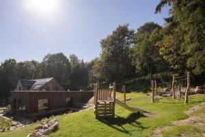 - une aire de jeux avec toboggan dans la pelouse dans l'établissement Apartmány Hraničná s privátním wellness, à Bedřichov