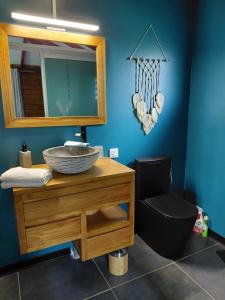 a bathroom with a sink and a mirror and a toilet at Bungalow Capucine in Capesterre-Belle-Eau