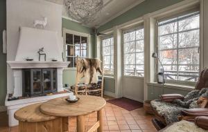 a living room with a dog standing on a chair in front of a fireplace at Lovely Home In Åre With Sauna in Härbyste