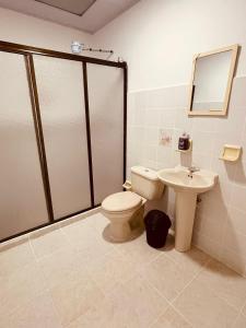 a bathroom with a toilet and a sink at Hospedaje Banhi in Líbano