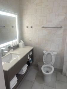 a bathroom with a toilet and a sink and a mirror at Home 2 suites in Fairburn
