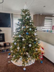 ein Weihnachtsbaum in einem Wohnzimmer in der Unterkunft Manor Park Dog Friendly 2 bed, 6 berth Lodge with decking 600 Yard's From The Beach In Hunstanton in New Hunstanton + 14 Fotos