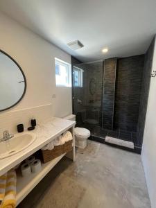 une salle de bain avec un lavabo, des toilettes et une douche dans l'établissement New 2 Bedroom Huge Beachfront Patio in San Pedro Town, à San Pedro