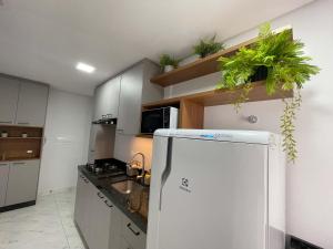 トレドにあるApe Harmonia novinho perto do Lago e Shoppingのキッチン(白い冷蔵庫、一部の植物付)