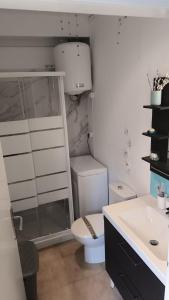 a bathroom with a shower and a toilet and a sink at Casa GABRIEL 1 Bedroom Wifi Free Pool in Costa Del Silencio