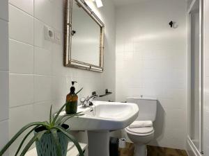 ein Badezimmer mit Waschbecken, Toilette und Spiegel in der Unterkunft Casa Sortalde Agroturismo in Abaurrea Alta + 68 Fotos