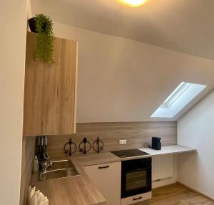 una cocina con fregadero y estufa en ModernLoft Ried, Balcony Suite, en Neuhofen im Innkreis