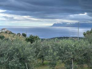 a view of the ocean from a hill with trees at A Casuzza di Poggio Scopello in Scopello
