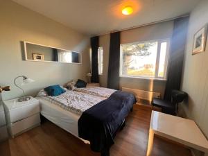 a bedroom with a large bed and a window at Hlíðarból Guesthouse in Hvolsvöllur +11 photos
