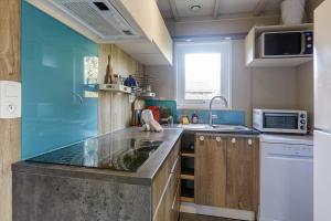 eine Küche mit Spüle und Arbeitsplatte in der Unterkunft Chalet 809 tout confort en lisière de forêt in La Teste-de-Buch + 1 Foto