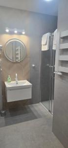 ein Badezimmer mit Waschbecken und Dusche mit Spiegel in der Unterkunft VENETIA-Rooms in Biecz + 11 Fotos