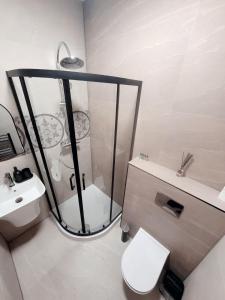 een badkamer met een douche, een toilet en een wastafel bij London Grand in Londen